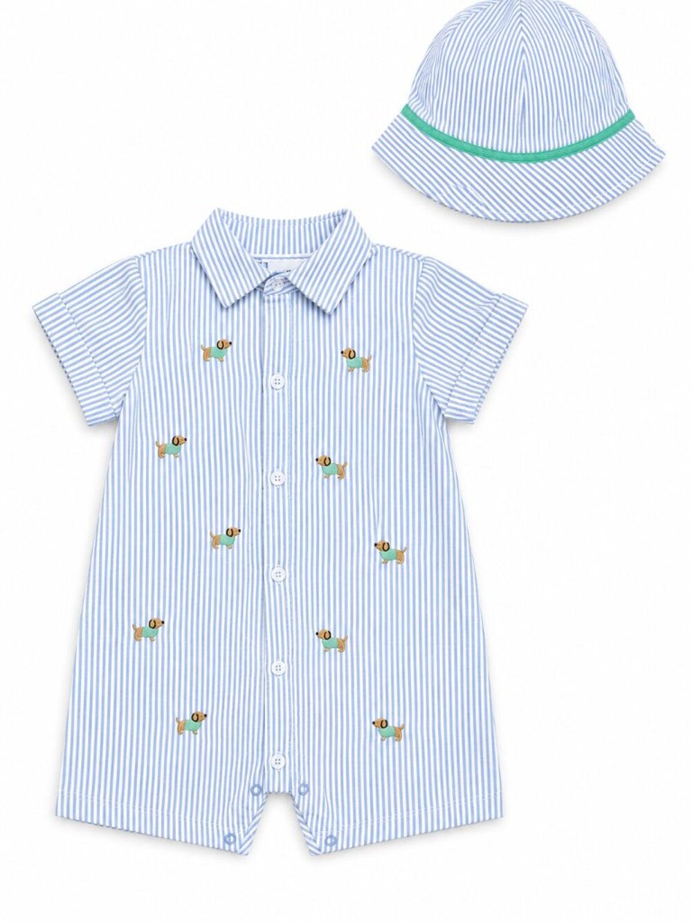 NWT Little Me Baby Boy 2 Piece Romper & Hat Set Blue Striped Dog 6 Months